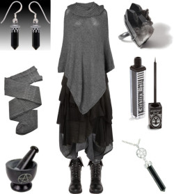 hexeknochen:  Born of the Ashes by maggiehemlock featuring a black eye linerPhase Eight cowl neck poncho, 贄 / GRIZAS panel skirt, 贓 / Dorothy Perkins black cotton skirt / Trasparenze ribbed tight / DailyLook foldover combat boots / Black eye liner