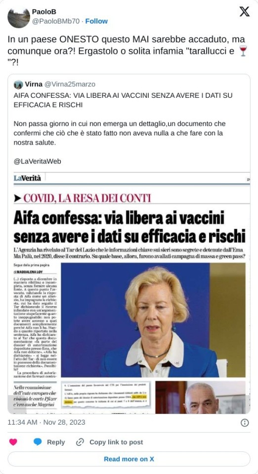 In un paese ONESTO questo MAI sarebbe accaduto, ma comunque ora?! Ergastolo o solita infamia "tarallucci e 🍷"?! https://t.co/wX3Ttnib6S  — PaoloB (@PaoloBMb70) November 28, 2023