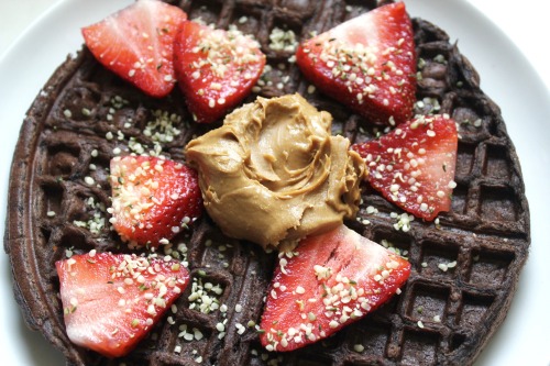 getfatnfab: Chocolate protein waffles w/ hemp seeds, strawberries, and a giant dollop of cookie butt