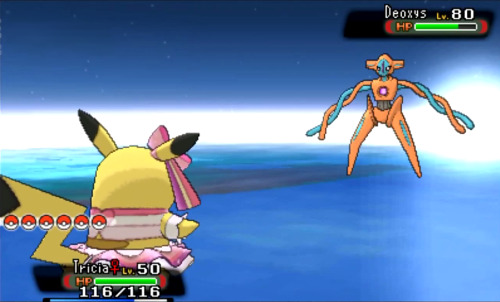 yuki-menoko: THIS IS IT, THIS IS IT. MY WHOLE LIFE HAS ACCUMULATED TO THIS MOMENT. NOT ONLY ARE YOU IN SPACE BATTLING THE LEGENDARY DEOXYS, BUT IT’S BATTLING A PIKACHU WEARING A DRESS IN SPACE JUST ABOVE THE EARTH’S ATMOSPHERE BATTLING A MYSTERIOUS