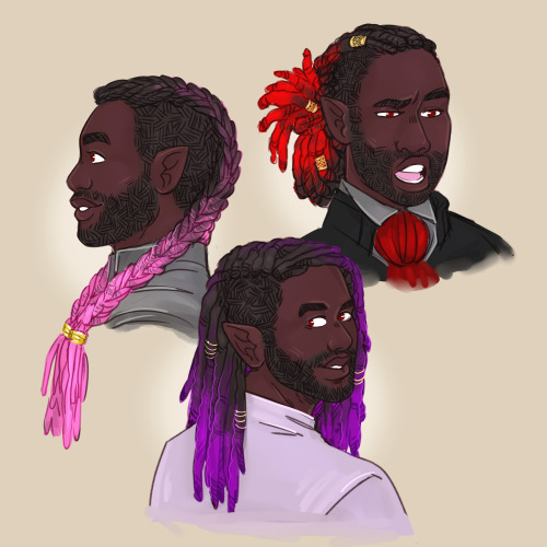 herbgerblin:[ID: Three drawing of Kravitz, a brown skinned half-elven man with long locs in various 