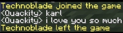 A screenshot of minecraft chat. It reads 'Technoblade joined the game", then Quackity messages "karl" "i love you so much". There is then a message that reads "Technoblade left the game".
