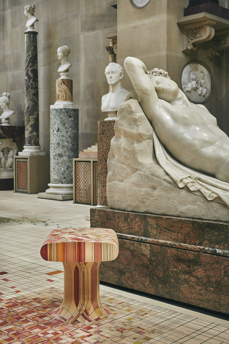 {Floored by this floor (*commence eye roll*). Happy Friday!}Curved wooden benches and stools “