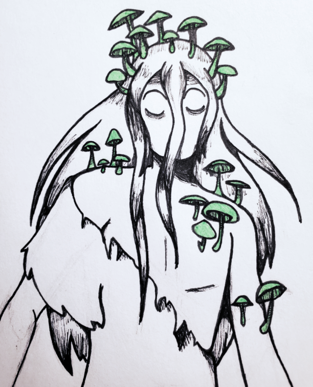 a pen drawing of a figure with long hair and torn clothes, with mushrooms growing from their head and heart