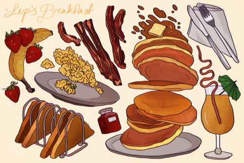 rabdoidal:taako made lup breakfast today[image description: a drawing of lots of food items against 