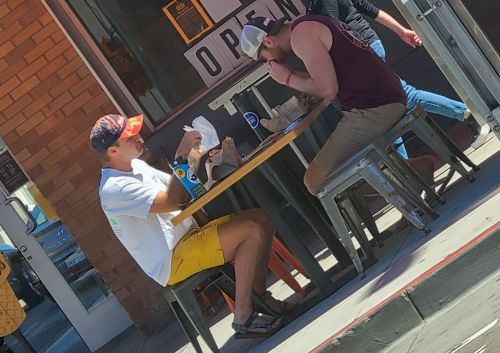 Yellow Shorts, bleach dye hat &amp; friend