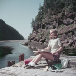 yesterdaysprint:Woman sketching on Wolf River, Fundy National Park, New Brunswick, 1952