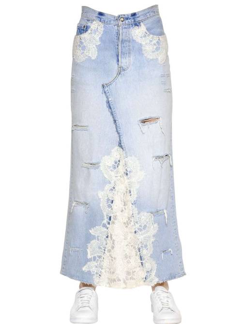 Cotton Denim Skirt With Wool Lace