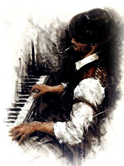 Honky Tonk Man ~ by Rémi LeBarre, poetic art painter       In little French Cafés, I see paintings. Facing wine racks, I’m tempted to say Burgundy. Other canvases inspired by American piano bars too. And in all the streets of Montreal at