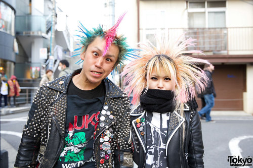 Japanese punks Kentaro &amp; Asuka with mohawk &amp; crosshawk hairstyles, studded leather &amp; lac