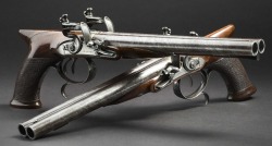 peashooter85:  A pair of saw handle double barrel flintlock pistols crafted by Manton of London, circa 1810.from Hermann Historica