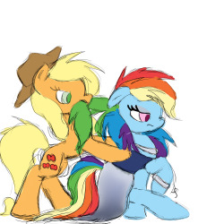 askflightlessrainbowdash:  Rainbow Dash: Hey, don’t pull so hard! Applejack: Well, ya’ll were th’ one who decided t’ ask me t’ help so quit yer belly-achin’ an’ hold still!  x3