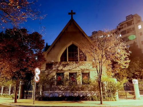 Shanghai Free Christian Church Evangelical, J.A., Shanghai, in nightscape.