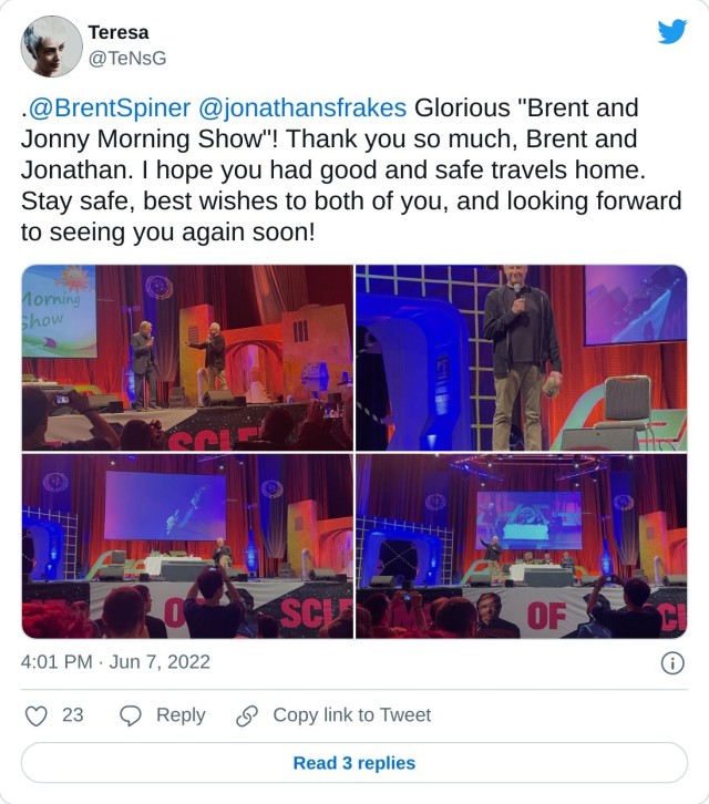 .@BrentSpiner @jonathansfrakes Glorious "Brent and Jonny Morning Show"! Thank you so much, Brent and Jonathan. I hope you had good and safe travels home. Stay safe, best wishes to both of you, and looking forward to seeing you again soon! pic.twitter.com/DIROoSFg9I — Teresa (@TeNsG) June 7, 2022