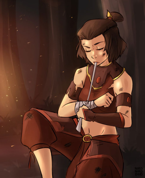 nonbinary-crafter-aang:nikoniko808: resting up… patreon  [ID: a digital painting of Suki against a b