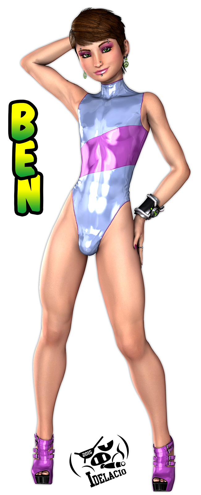 idelacio:  Commission for Cheetaur. Ben wearing Gwens strip swimsuit.Did a few variants