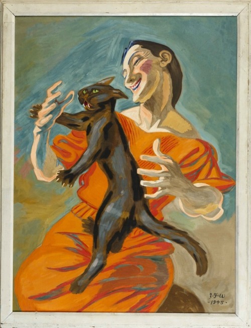 Jens Ferdinand Willumsen (Danish, 1863-1958)Dame leger med kat, 1945.