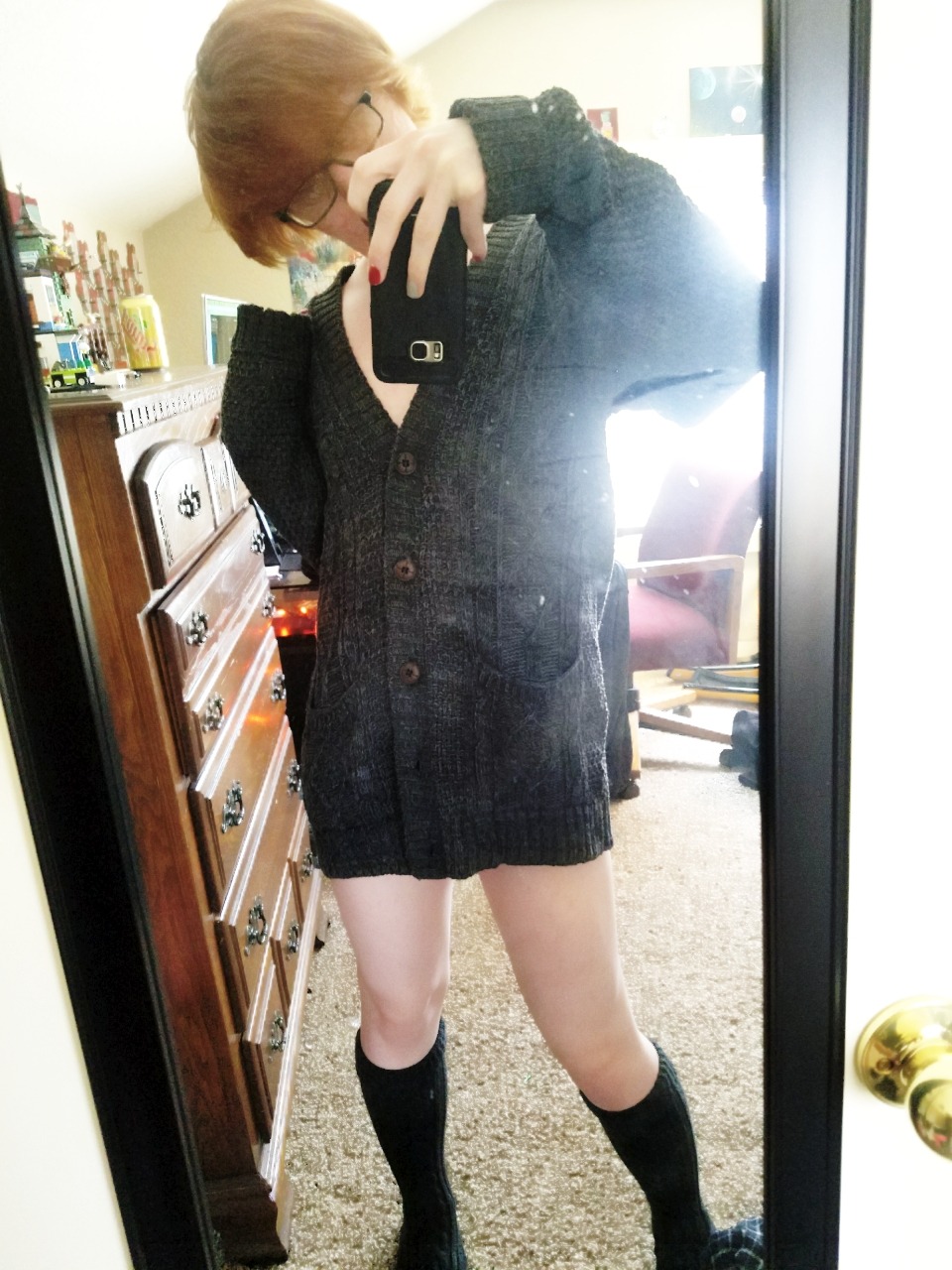 peopleonlylikemeifipostnudes:  I got a very cute and comfy cardigan today and I love