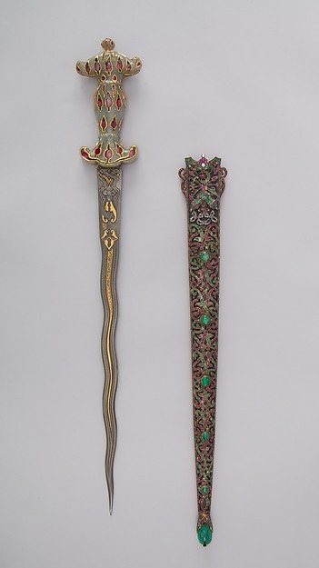 art-of-swords:Dagger with SheathDated: 19th centuryCulture: TurkishMedium: steel, jade, gold, emeral