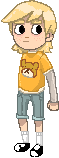 Pixel art of a Jona dressed in an orange t-shirt and a white long-sleeved shirt, denim knee-length shorts and black shoes