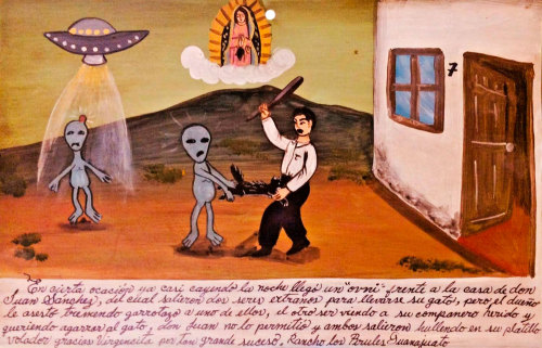 It happened once, when the night was falling, an UFO landed right in front of don Juan Sanchez’ hous