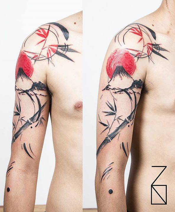 tattoofilter:  Graphic style composition including a volcano and some bamboo, located