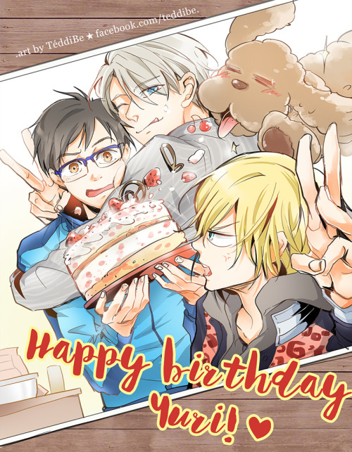 Victor: “HAPPY BIRTHDAY YUUURI~” *hugs*Yuri: “W-Wait, the cake…!”Yurio: “Can the two of you stop act