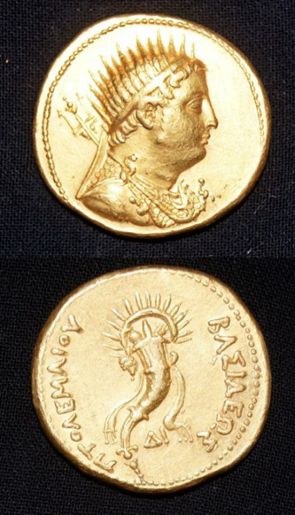 Gold coin of King Ptolemy III, minted during the reign of his son King Ptolemy IV (244-204 BC) in me
