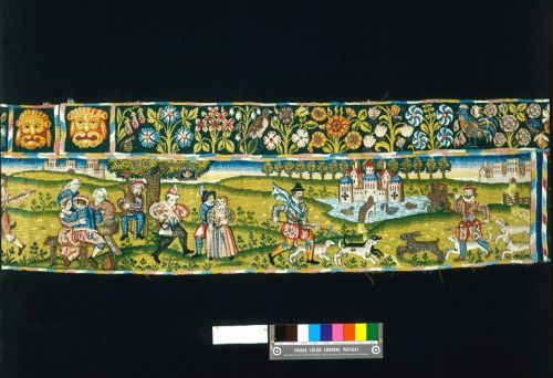 Bed valance, showing idealised scenes of hunting and country life, Warwickshire, England, c.1600-161