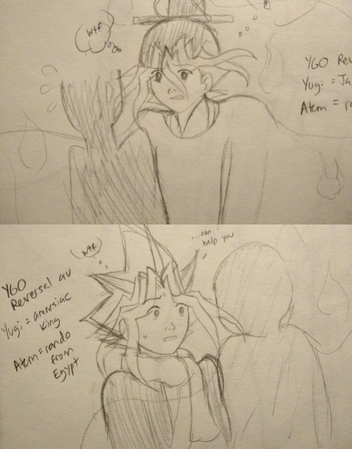 late night doodle of a YGO role reversal au where Yugi is an ancient Japanese emperor with amnesia a