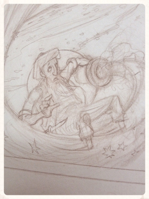 The Fisherman breaks the seal. Part of the first final drawing for the Arabian Nights project.