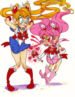 grimphantom2:  danicornioilustraciones:  Sailor moon and Chibiusa, John Kricfalusi style…   Aside of the pantyshots, i like how the faces are drawn =P