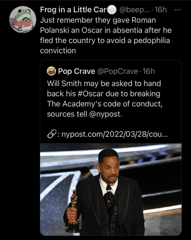 regnum-lab:so the academy is reviewing whether or not to remove Will Smith’s award and here are some interesting tweets about that :)