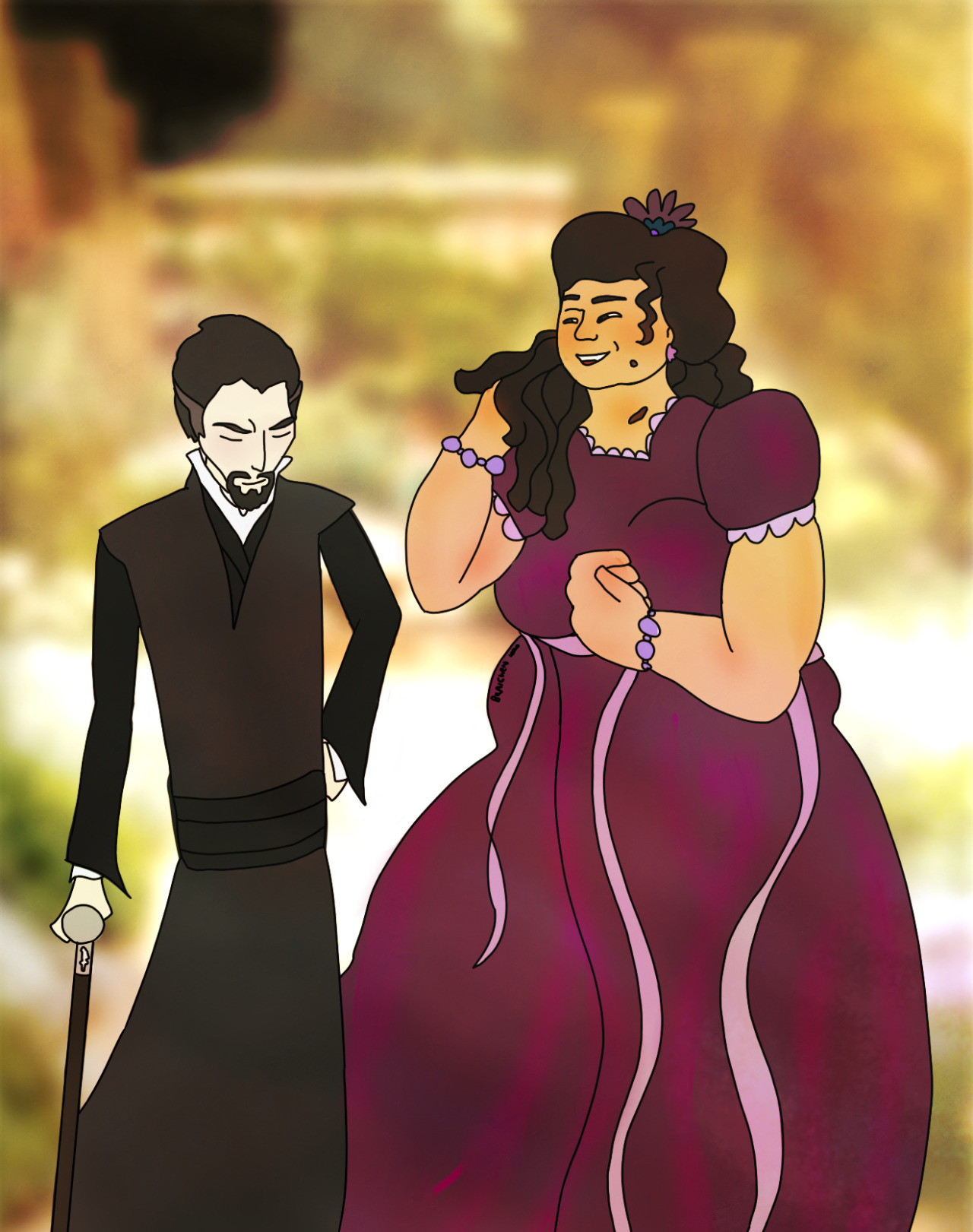 vetinari and lady sybil walking in a garden