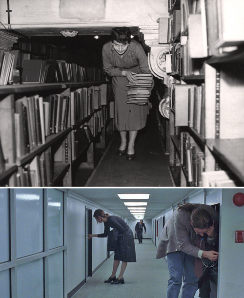 danskjavlarna:  Here’s a precursor to Floor 7½ in the film Being John Malkovich (bottom).  It’s the Central Library, Newcastle upon Tyne, 1956 (top).