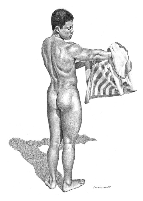 Mike and the Striped Towel, pencil drawing by Douglas Simonson (2007). See more of my art on my NEW 