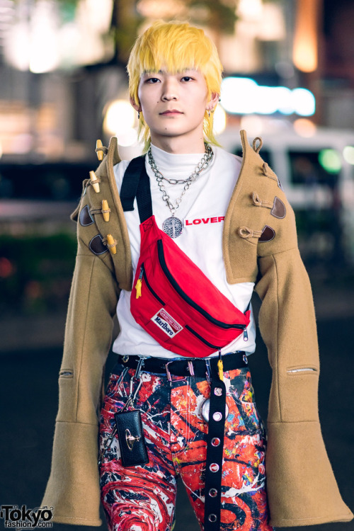 21-year-old Japanese hair stylist Shimon on the street in Harajuku wearing a cropped hooded jacket b