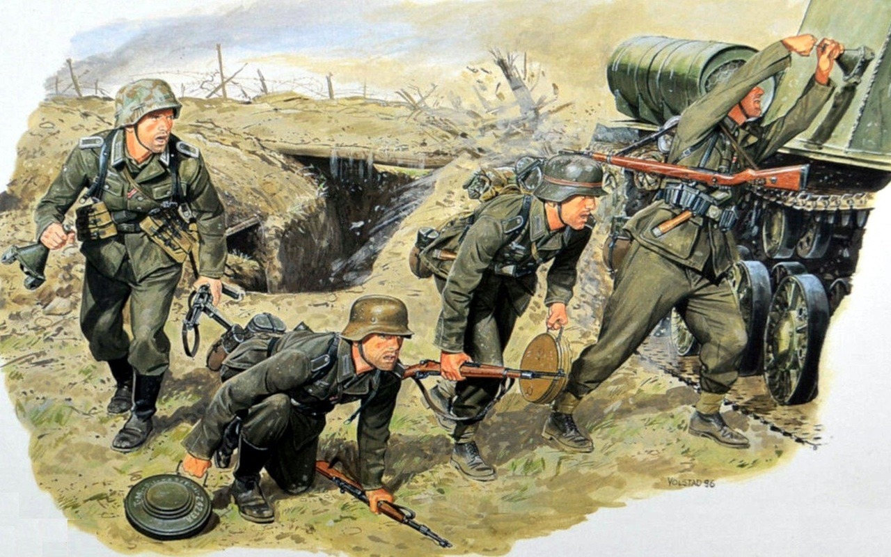 Pinturas II Guerra Mundial — 1944 05 Crimea, infantry with antitank mines  vs...