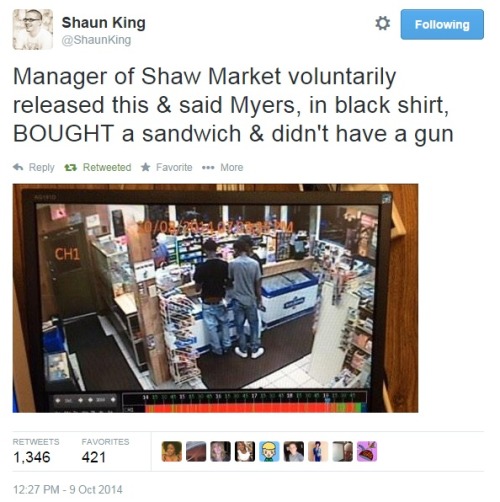 iwriteaboutfeminism:The manager of the store where VonDerrit Myers, Jr. bought a sandwich shortly be