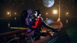 sfmreddoe:  Harley and Catwoman, midnight paddle. High Resolution: png file Less lewd, more cute. Something i started on stream a while ago, but did hold back as a Valentine’s Day thing. Patreon 