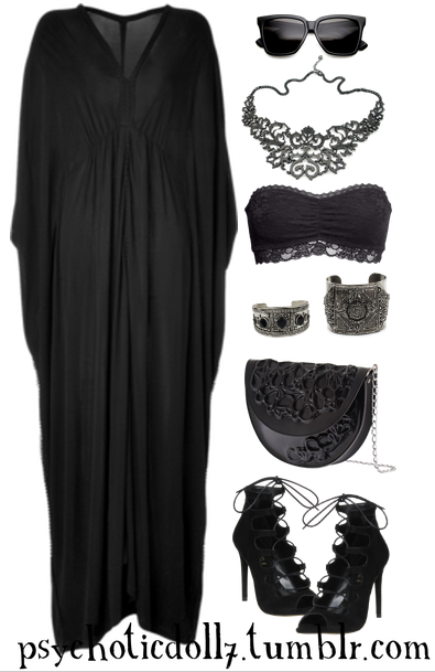 Ethereal Goth
Dress / Sunglasses / Necklace / Bandeau / Cuff 1 / Cuff 2 / Purse / Heels