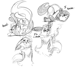 azula-griffon:  sketchies of me, brandy, and my Braixen who gets really pissed when he gets called a girl…  X3! OMG I love your Braixen! You must draw him mooooooore @w@