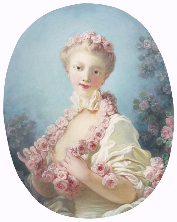 Rococo painting : Jean-Honoré Fragonard, A young blonde woman with a garland of
