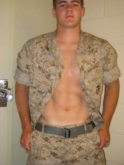 biinthearmy:  I recently found out that undershirts are optional under the Marine cammies…I wish that were true in the Army as well.  I’d never wear a tshirt to flash a little bit of chest every day! 