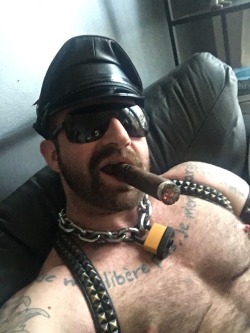 aleksbuldocek:Feeling big and horned up in my gear with a big cigar. #leather #cigar #Sir