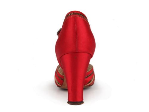 Red satin T-strap shoes decorated with metallic gold color rivets.Frank Brothers Footwear Inc.USA.&n