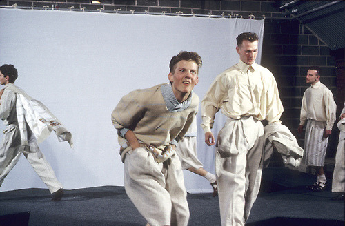 Models displaying designs by a Fashion student in the degree show at Manchester Polytechnic’s Faculty of Art and Design in 1987. @Visual Resources Center