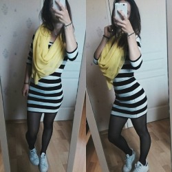 razumichin2:  White sneakers, black tights , black and white striped dress