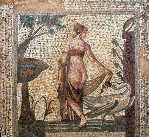 Leda and the Swan (a transformed Zeus).  Ca. 3rd cent. CE.  Found in the sanctuary of Aphrodite at P