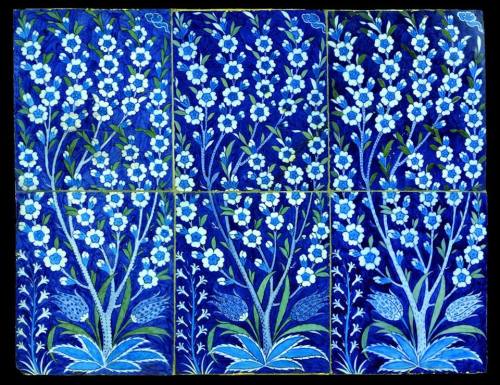 indigodreams:Fritware tile panel, painted in blue, turquoise, and moss green under a transparent gla